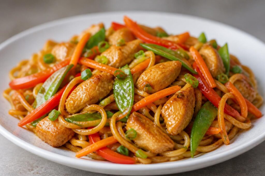 savourez des nouilles aux poulet sautées à la chinoise, préparées avec des légumes frais pour un plat équilibré et plein de saveurs.