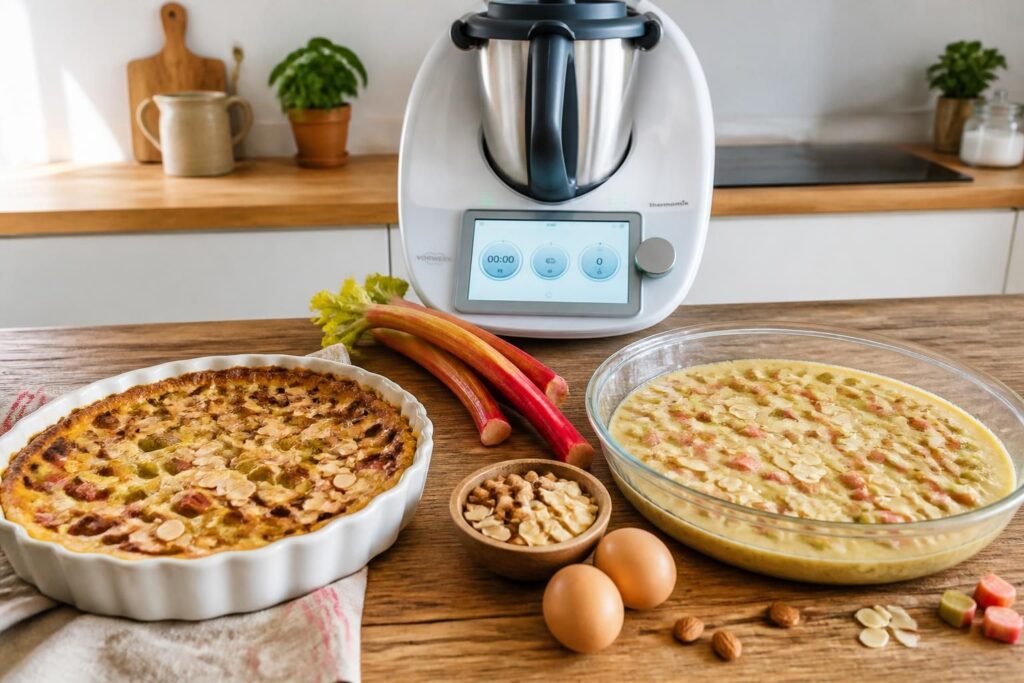 découvrez notre recette de clafoutis rhubarbe amande, avec une version traditionnelle et une version thermomix pour un dessert savoureux et facile à réaliser.